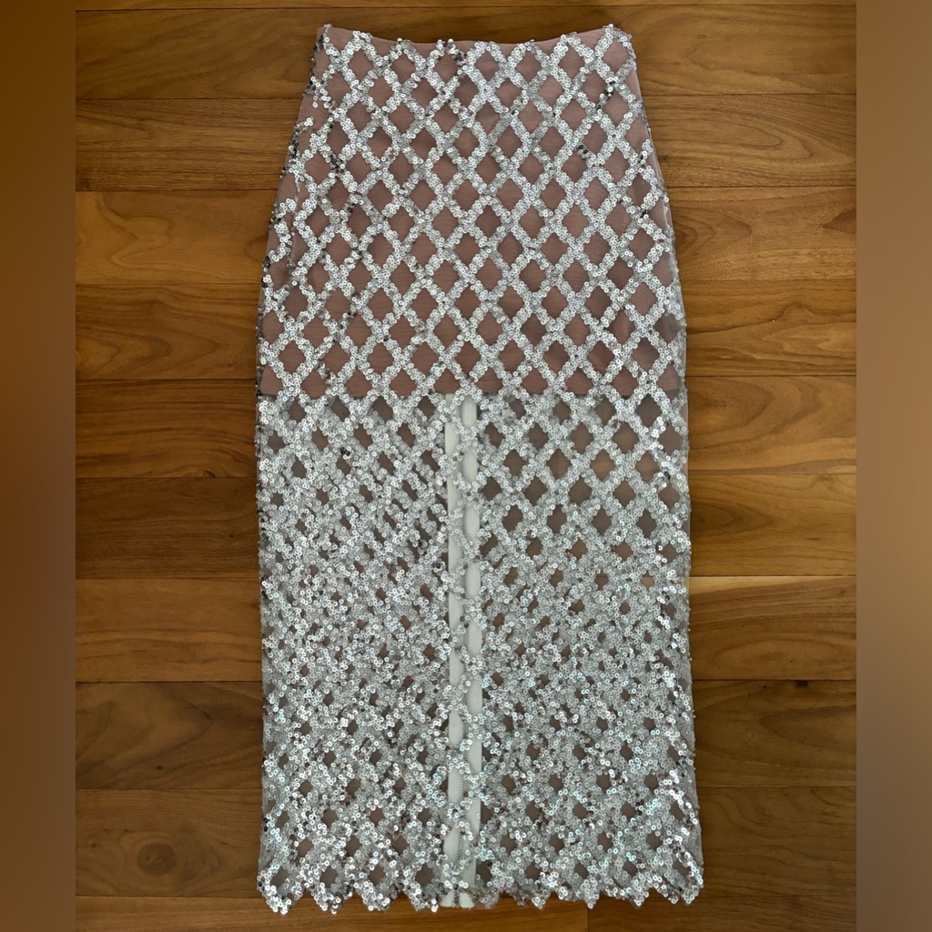Bronx & Banco Silver Sequin Midi Skirt, Size Small